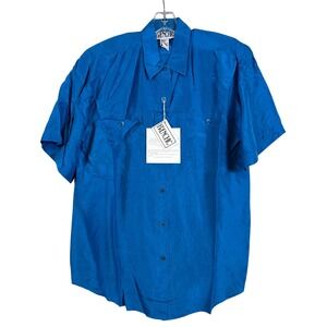 NWT Vintage Women Teal Washable Silk Short Sleeve Button Up Shirt Frenchic MED